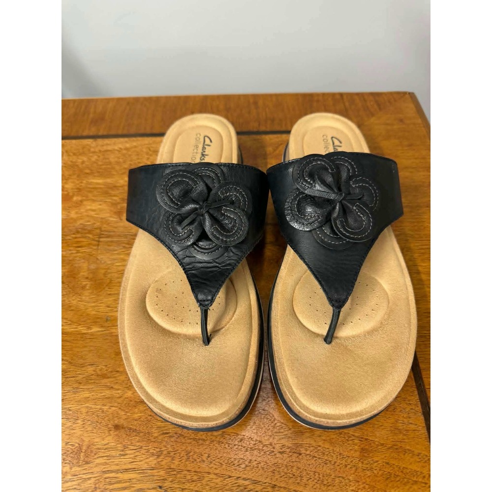 Clarks Collection Womens 12 Black Leather Flower Thong Sandals 261651034095